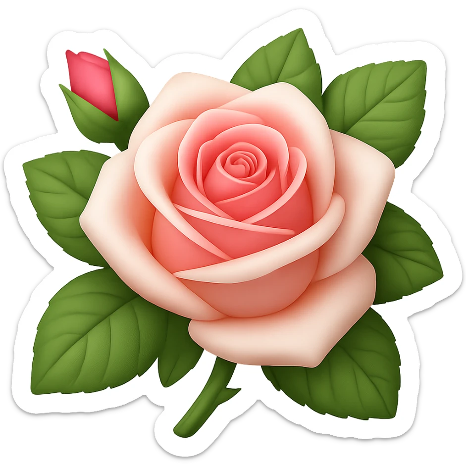 Create a square 3D illustration of a white and pink rose with buds and leaves in the style of iOS Apple emoji, featuring voluminous petals, on a transparent background. The style should mimic the detailed, smooth, and vibrant look of Apple emojis with a 3D effect and shading to emphasize depth and volume. sticker