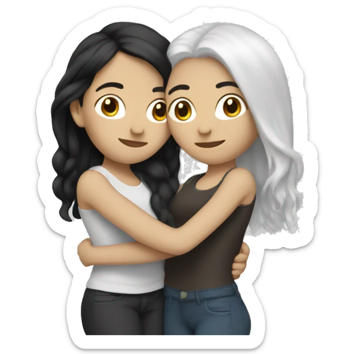A lesbian couple with white skin and long black hair hugging intimately sticker