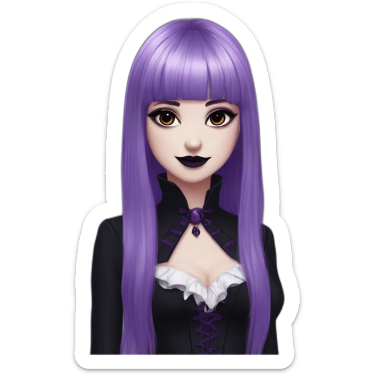 Elissabat-with-bangs-long-hair-dark-purple-and-black-vampire-goth-makeup-pinkeyes-romanticgothcloses sticker