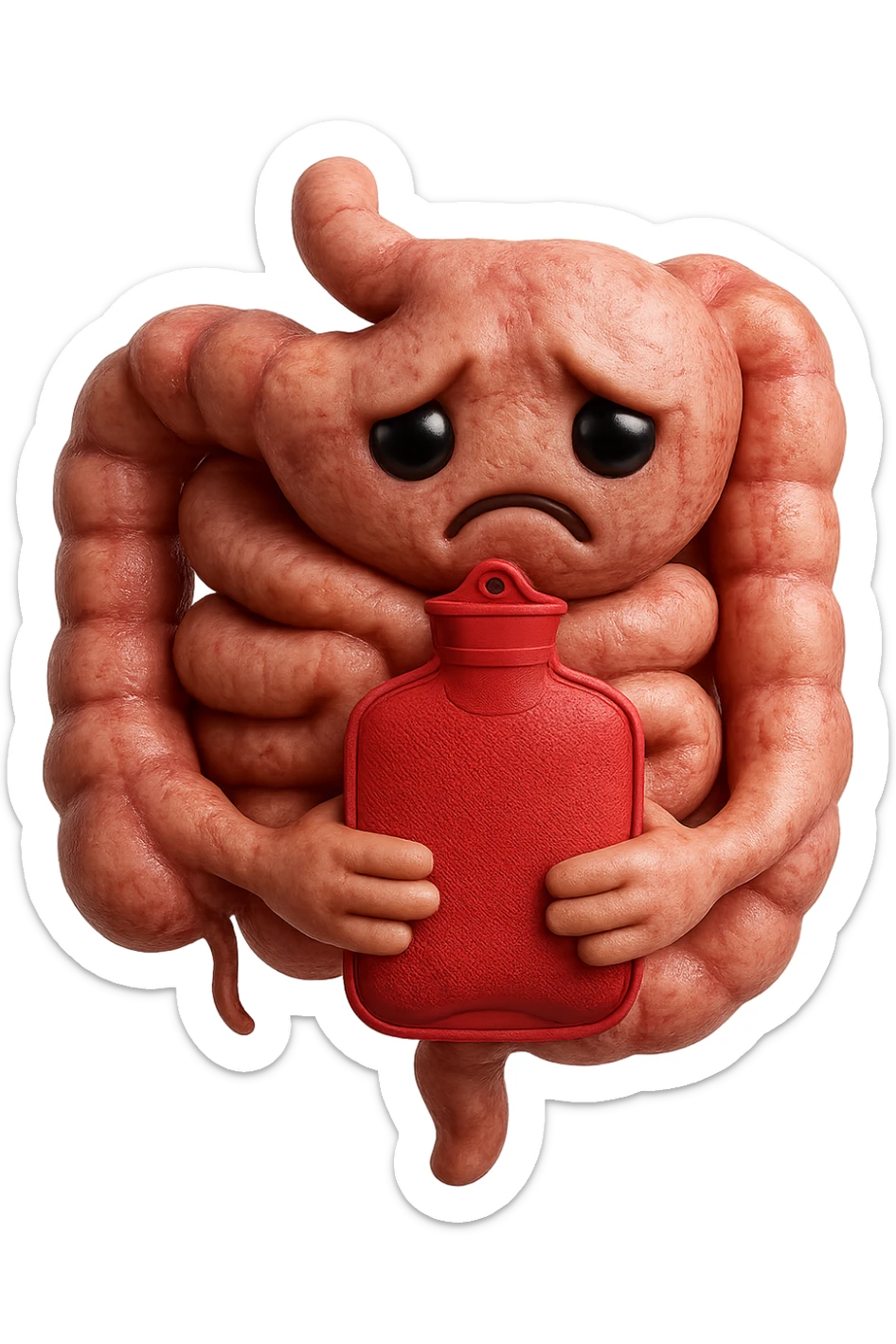 emoji stile iphone di un intestino che si tiene la borsa dell'acqua calda al centro, espressione di tristezza in volto, iperrealistico 4k sticker