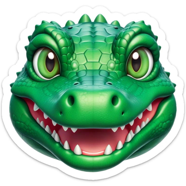 Cinematic Cute Crocodile Portrait Emoji, Head tilted playfully and inquisitively, featuring a smooth, glossy emerald-green hide with subtle textured scales and round, sparkling eyes filled with curious mischief, Simplified yet irresistibly adorable features, highly detailed, glowing with a warm, friendly glow, high shine, affectionate and surprisingly charming, stylized with a touch of wild whimsy, bright and endearing, soft glowing outline, capturing the essence of a mischievous yet lovable crocodile, so playful it feels like it could snap out of the screen into your arms! sticker