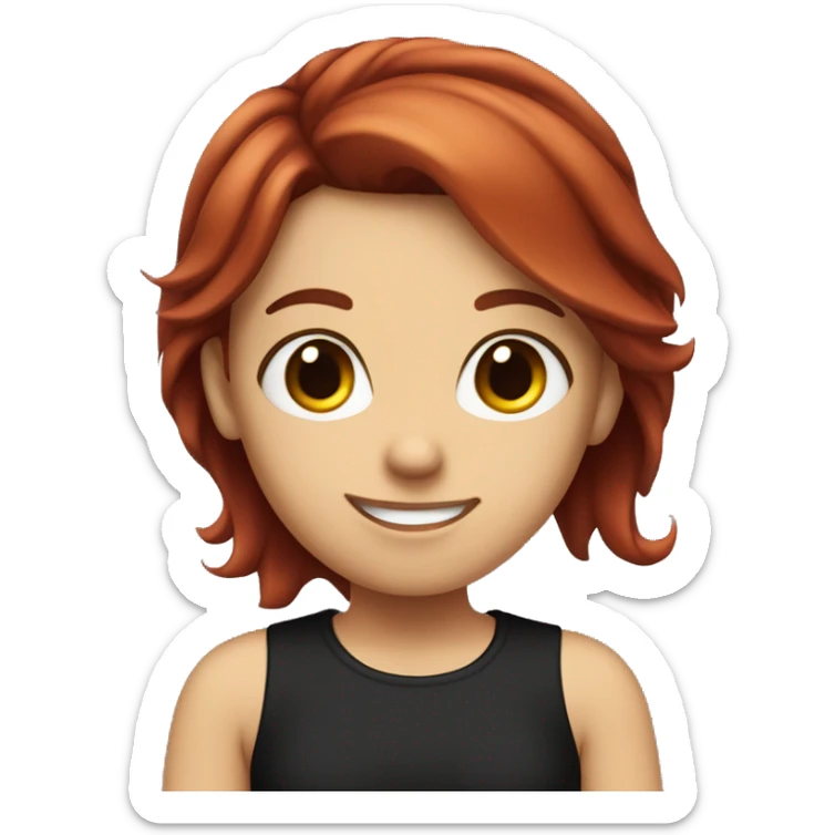 dark red hair girl, with a black tshirt, medium size eyes and a smile sticker