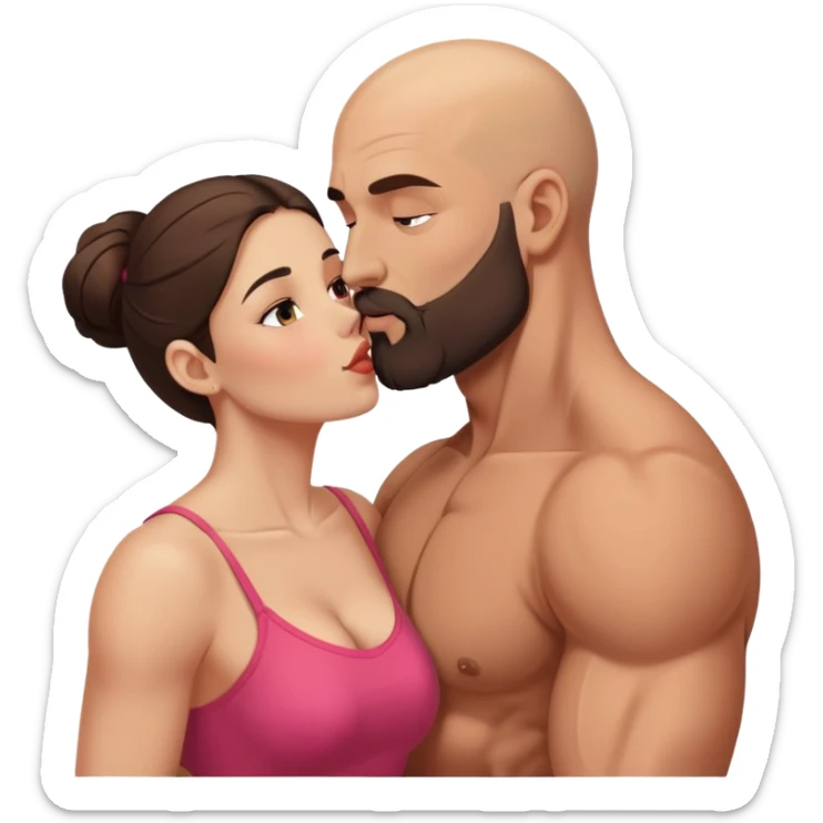 Muscular Bald man with a beard passionately kissing his young brunette wife  sticker