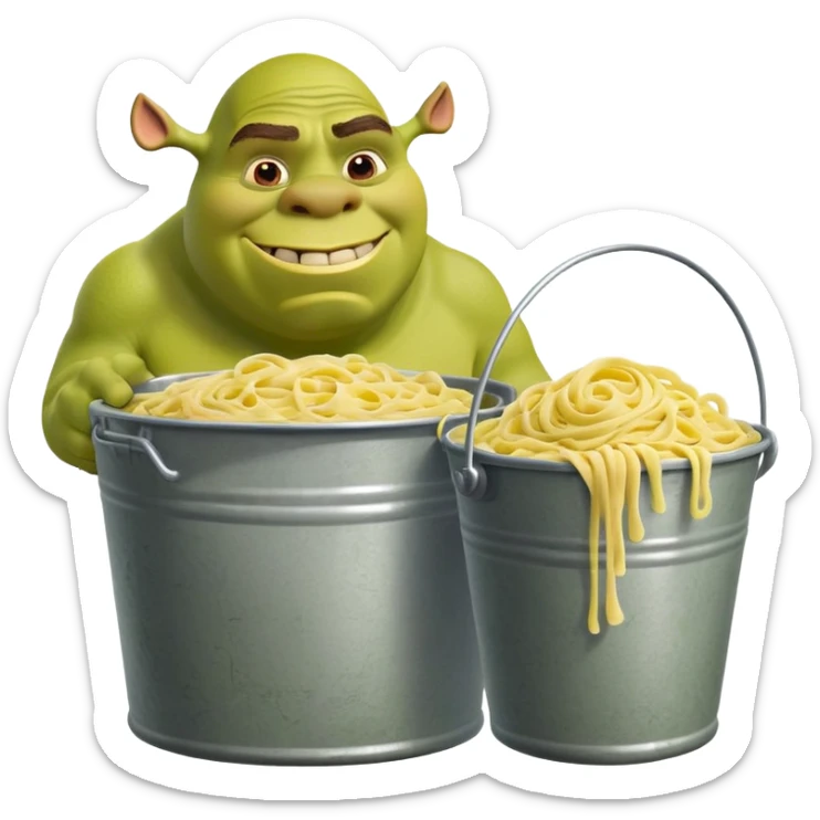 Shrek the green ogre holding a huge oversized bucket overflowing with carbonara pasta sticker