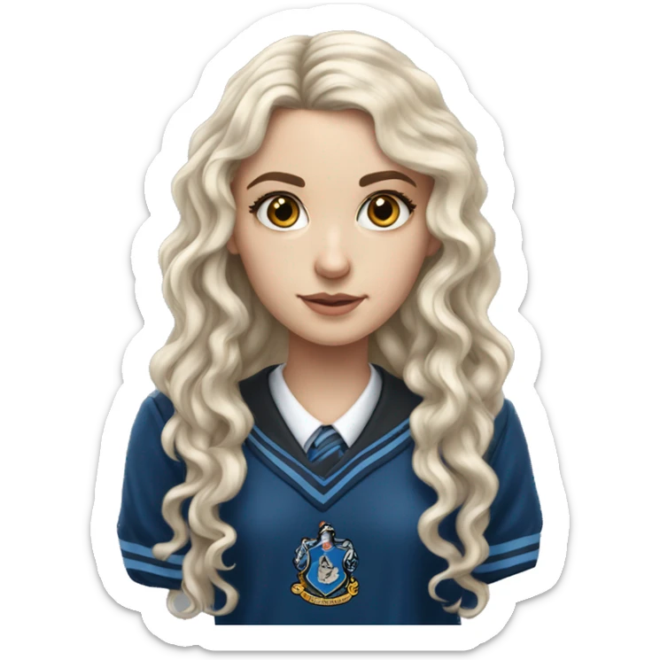 Hyper realistic White girl with long black curly hair wearing a ravenclaw school inform sticker