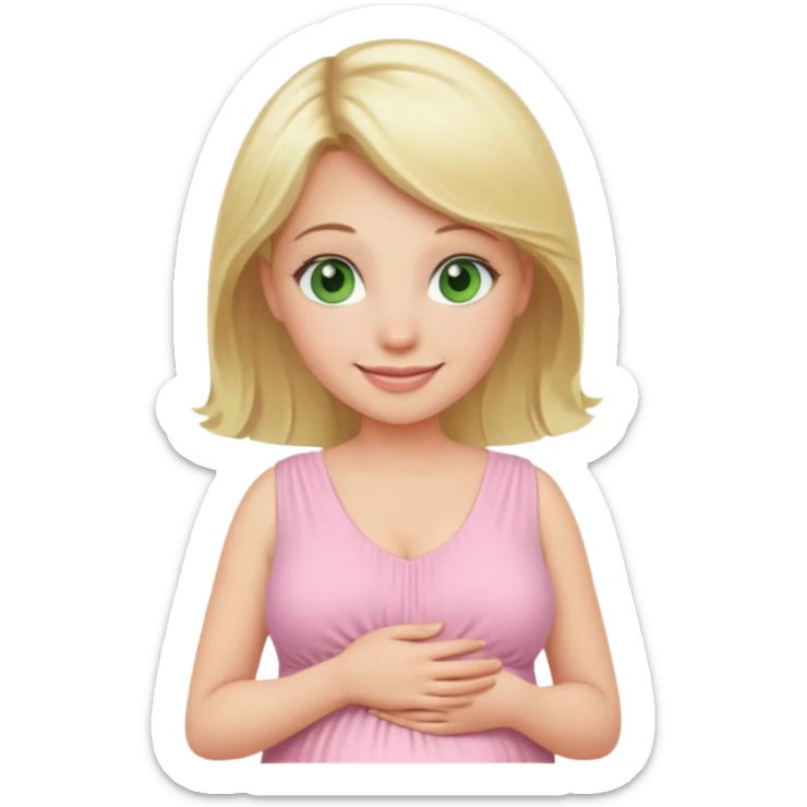 blond pregnant woman smiling in pink pale dress with green eyes sticker