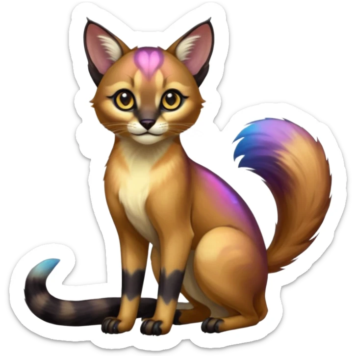 Colorful iridescent Asian painted anime-styled big-eyed shiny glorious divine marked exotic cool beautiful realistic caracal-civet-oncilla-animal-Fakémon-hybrid-fursona (full body) sticker