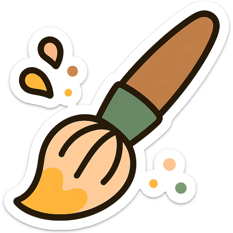 A cute and whimsical artist's paintbrush with a soft and cozy design, featuring a warm color palette: golden orange (FA9B41), deep forest green (4A7C5C), muted taupe brown (96775A), and pastel peach (FFCC9A). The brush has a delicate wooden handle in muted brown, with the bristles slightly fanned out, holding a touch of paint in shades of peach and orange. The tip of the brush is dipped in a soft golden hue, and tiny splashes of paint in the palette’s colors are gently scattered around. The overall mood is playful, artistic, and charming, evoking a sense of creativity and warmth. sticker