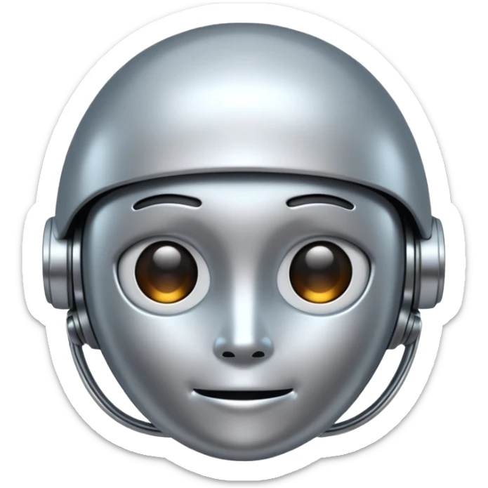 A cute futuristic robot emoji made of silver chrome, rounded friendly body, minimal facial features, glossy metallic surface, soft reflections, iOS emoji style, centered, clean white background sticker