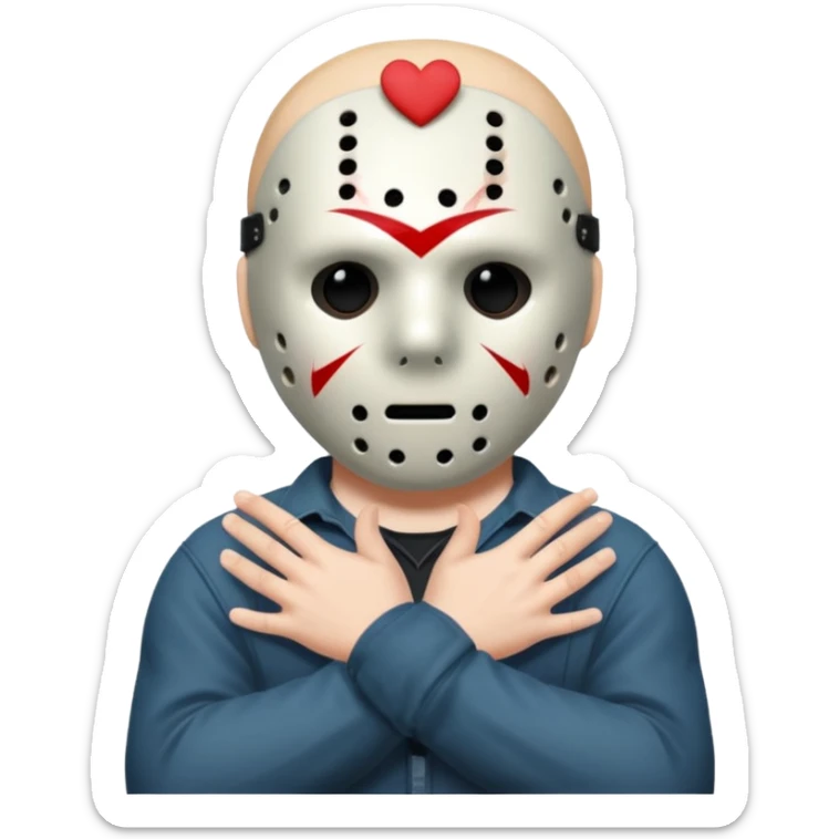 a cartoon image of Jason Voorhees, looking cute, with his hands clasped in front of him, at a sideways angle, looks like he is in love sticker