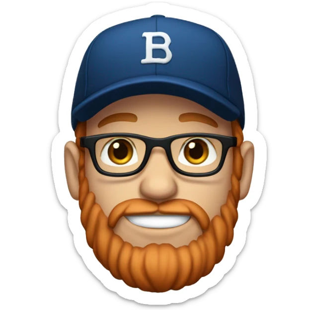 30 year old male with red hair, glasses, black baseball hat, blue eyes, pale complexion, and a beard sticker