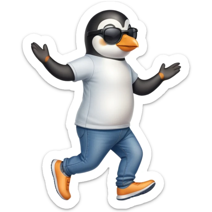 friendly anthropomorphised penguin in jeans and a t-shirt, wearing dark sunglasses, jogging upright, standard pose sticker