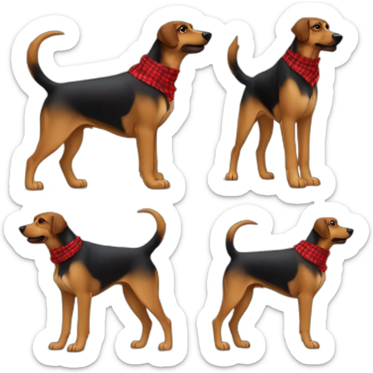 adult 75% Coonhound 25% German Shepherd mix dog with visible tail wearing small pointed red buffalo plaid bandana full body walking left quickly sticker