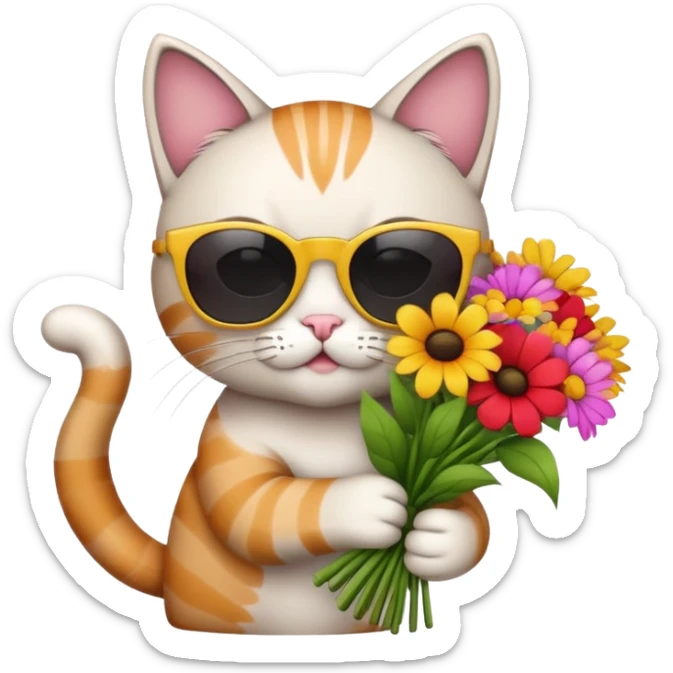 cat wearing sunglasses holding a bouquet of flowers sticker