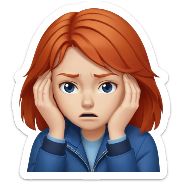 Redhead girl with mid length hair in blue jacket angry facepalm sticker