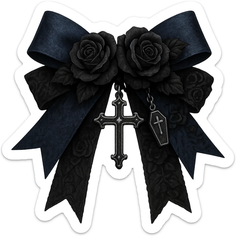 Edit the image to depict a blue gothic bow with layered ribbons, a cross pendant, black rose accents, and a tiny coffin charm. The background should be removed. Maintain a gothic style with layered textures and dark floral accents. sticker