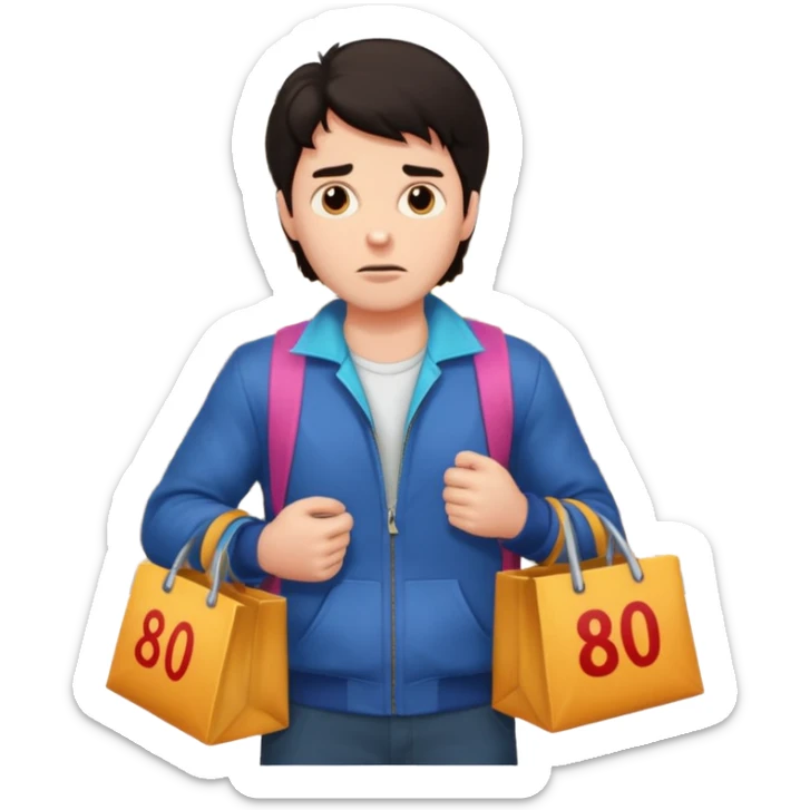 a man in 80s clothes, no mask, escaping a shop with loot, worried face, cartoon style, dark hair sticker