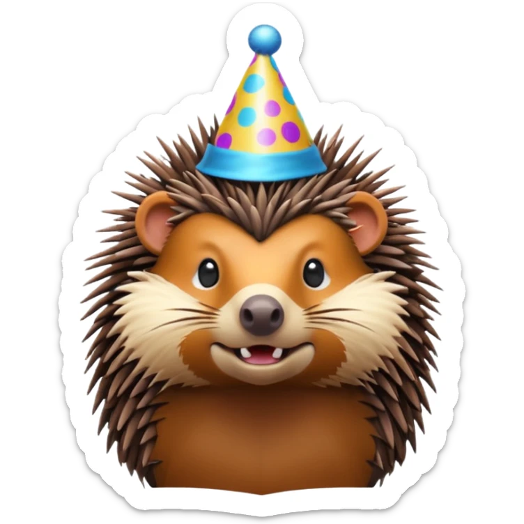 portrait bust-up of a porcupine wearing a party hat sticker