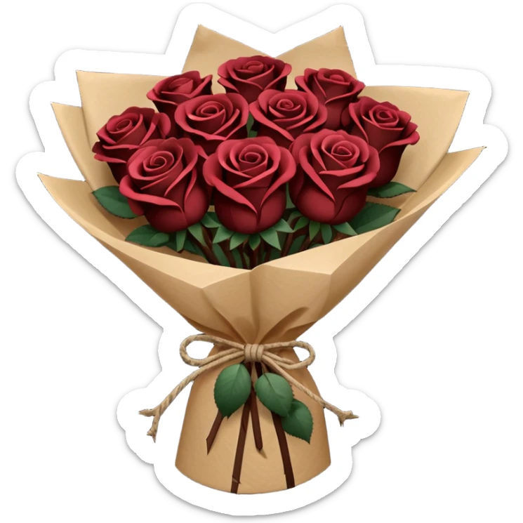 Bouquet of the darkest really dark brown roses in a paper package sticker