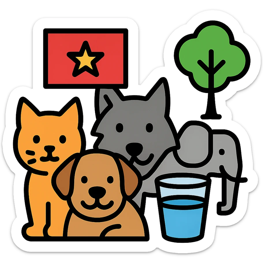 cat, dog, wolf, Vietnam flag, tree, elephant, and a glass all together in lineal color icon with black outlines style sticker