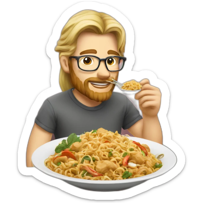 Tall long haired pony tail blonde man with beard and glasses eating thai food sticker