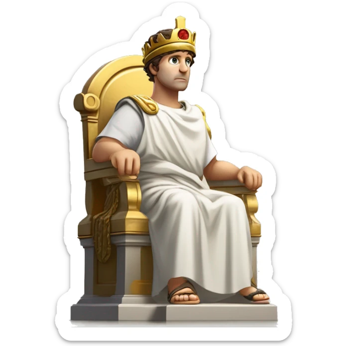 Um imperador romano usando uma coroa de louros dourada, com toga púrpura e branca, sentado em um trono de mármore. Seu rosto está inclinado para baixo, uma lágrima escorre pelo rosto, e sua mão está apoiada no rosto em sinal de desânimo sticker