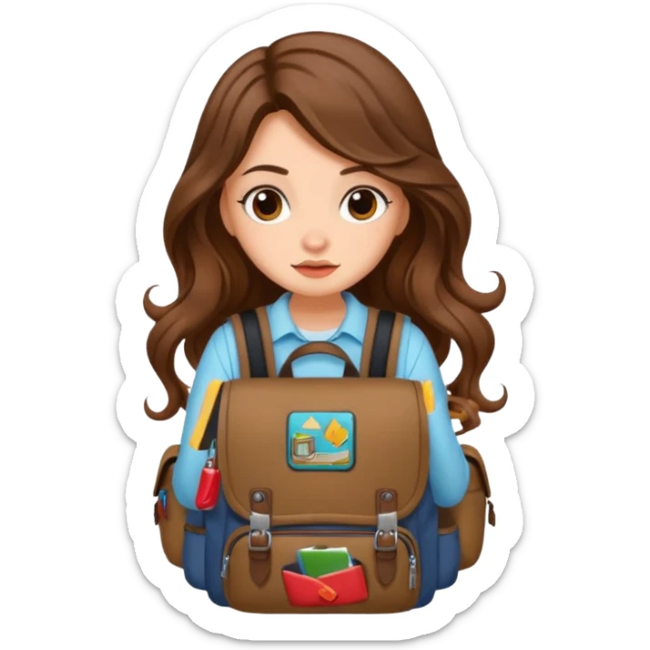 cute woman long wavy brown hair tattoos hiding in backpack sticker