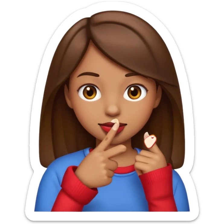 Basic emoji girl biting her nails, but in a flirty ways, a bit darker skin ( not so brown), brown hair and only one pointing finger sticker