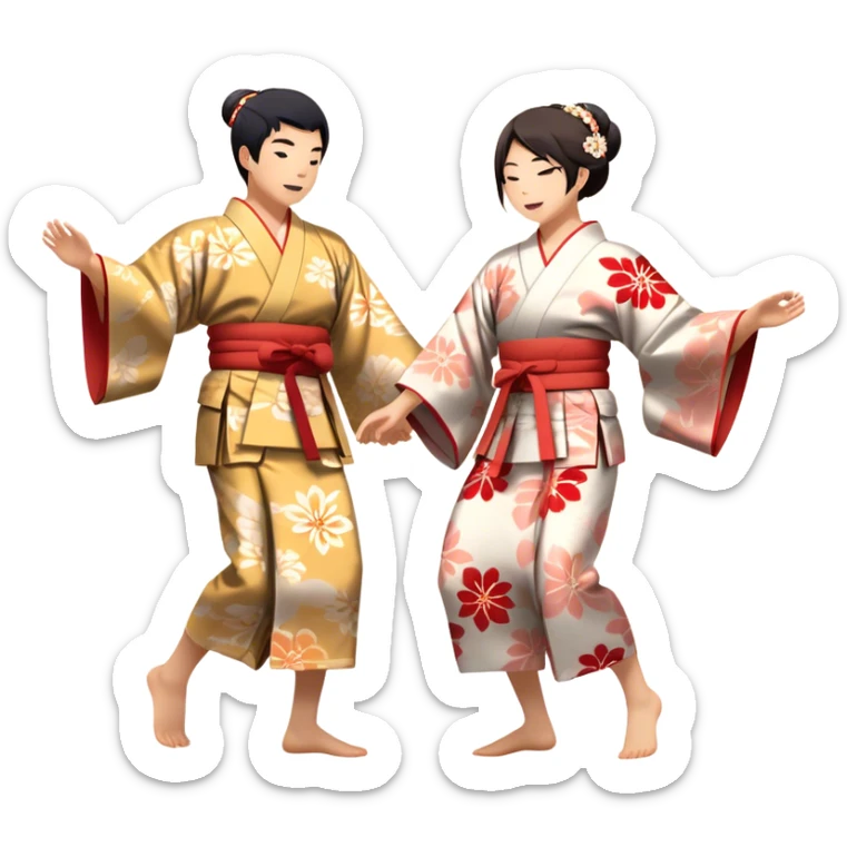 Cinematic Realistic scene of two performers engaging in Bon Odori, dressed in traditional yukata with intricate summer patterns, captured in graceful, rhythmic motion with warm, festive lighting sticker