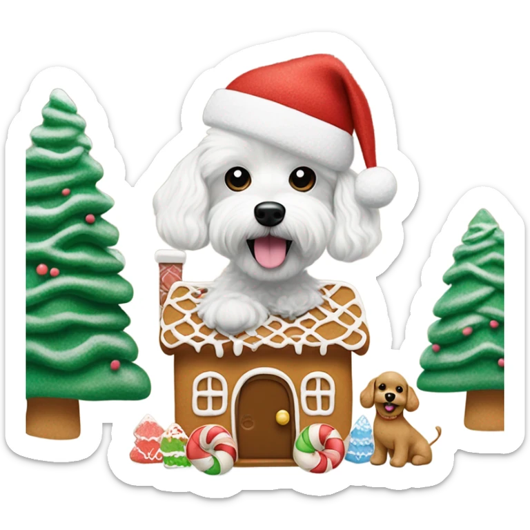 Cute Maltese poodle mix dog wearing Ugg boots and a cute little gingerbread house being decorated from the dog. Dog also needs a Santa hat and one AirPod on. Snow falling behind the dog and also snow covered trees behind  sticker