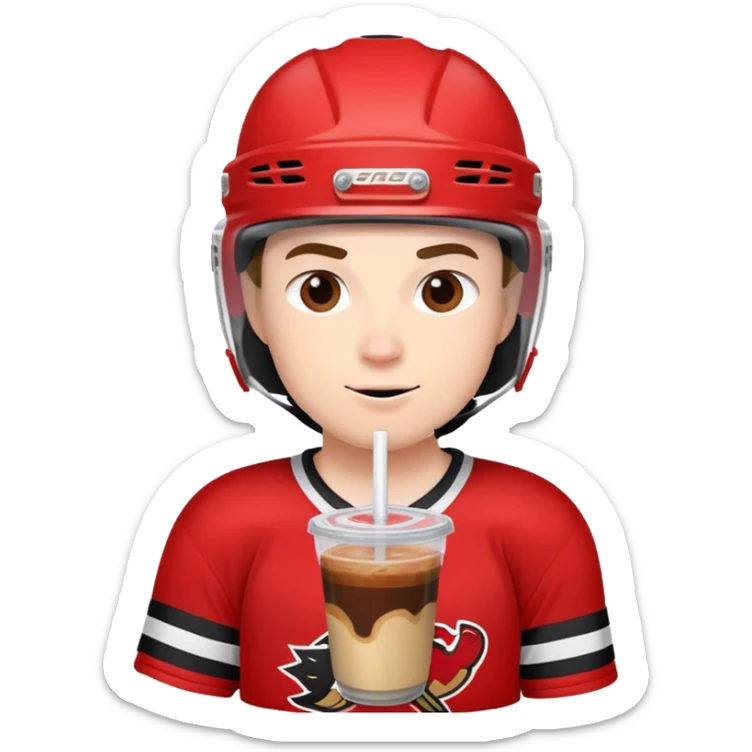 Hockey player in red and black wearing a helmet drinking an iced coffee  sticker