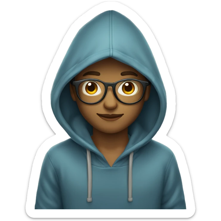 Een jongen met lang haar met bril en een hoodie sticker