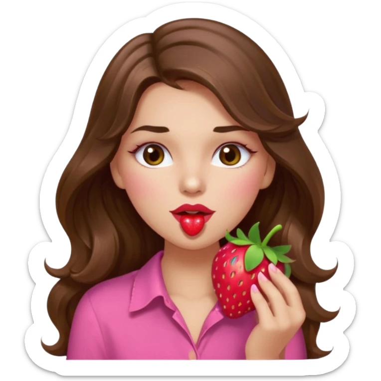 girl with long wavy brown hair, brown eyes, light to medium complexion, in a pink shirt, pink lips, long lashes, sexy , puckering, blushing, eating a strawberry sexy sticker