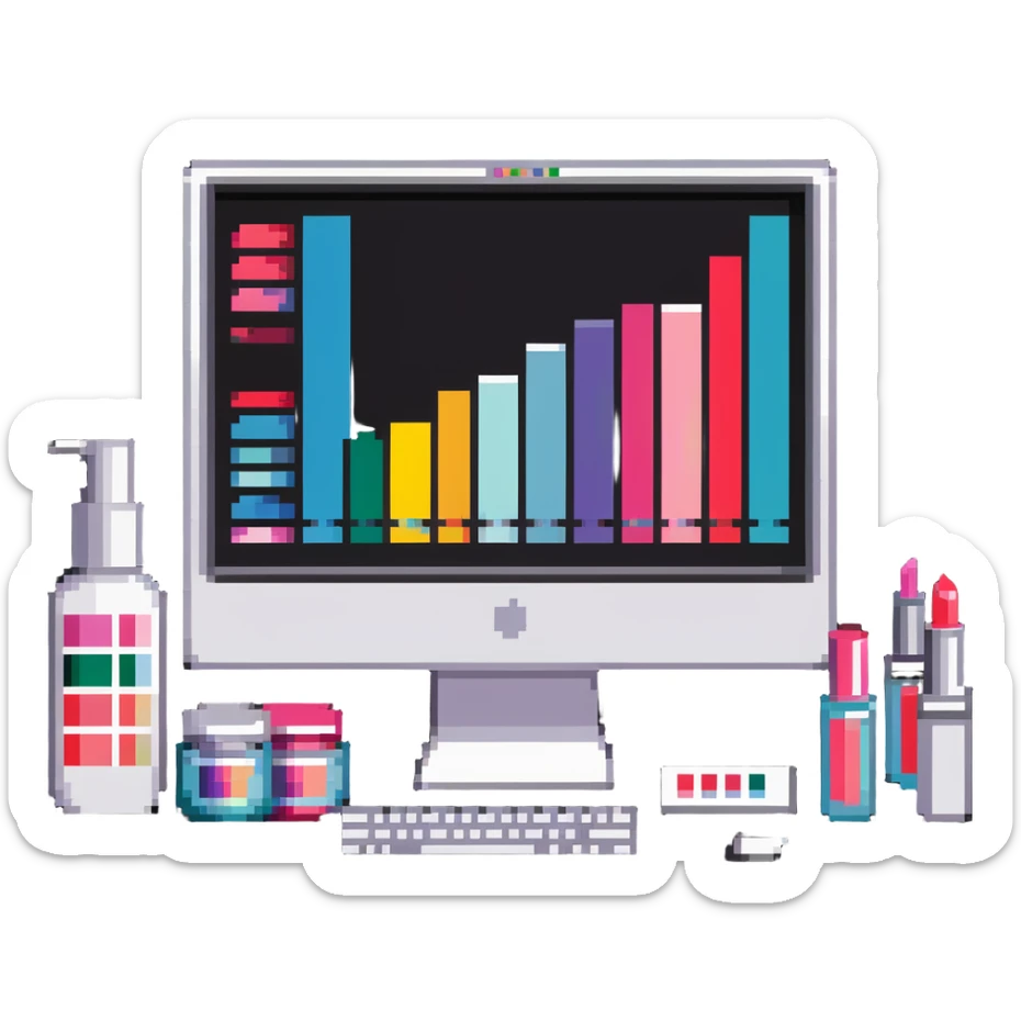 iMac computer with colorful bar charts and beauty products like lipstick, nail polish, cream jars on the screen sticker