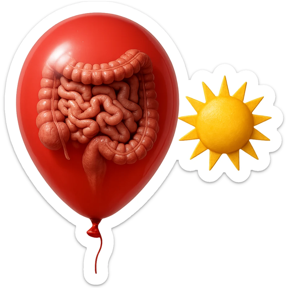 intestino umano anatomico chiuso in un palloncino rosso che simboleggia gonfiore, accanto un simbolo di sole che simboleggia "gonfiori di mattina", iperrealistico 4k sticker