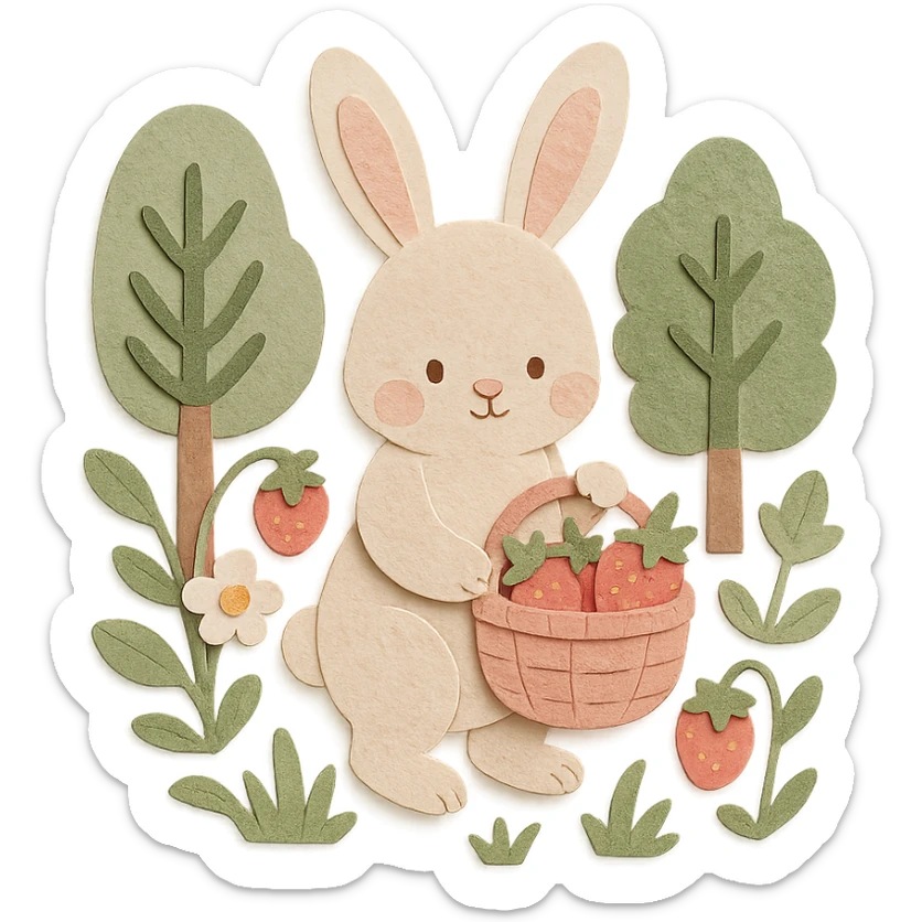 highly detailed, high quality paper craft style illustration of a bunny picking strawberries in the woods, sweet pastel red colors, intricate textures, soft lighting, delicate cut-paper details sticker
