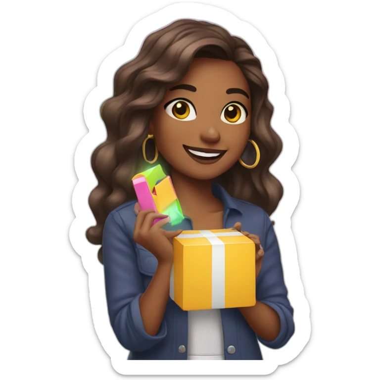 influencer taking a picture of herself holding a bright box in her arms sticker