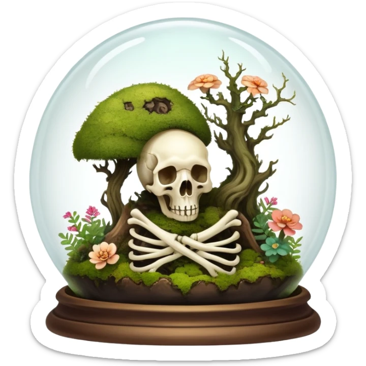 Mystical woodland glass-dome-terrarium-globe with moss inside, with and an animal-cadaver-creature-skull inside, and flowers inside  sticker
