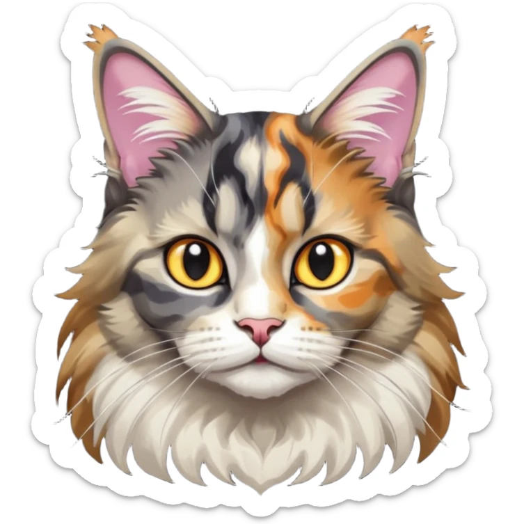 Maine coon black silver tortie et blanc avec une grosse tache noir sur un côté de la tête qui vient comme pour faire une moustache avec des couleurs assez vives  sticker