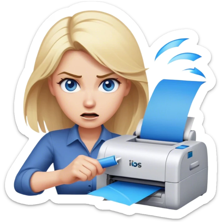 woman with blonde hair and blue eyes shaking printer in anger sticker
