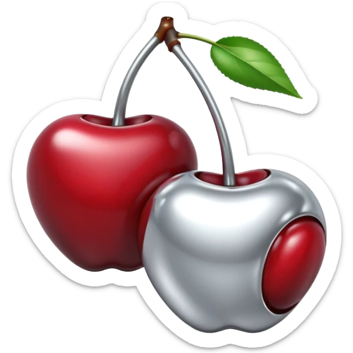 A pair of cherries emoji made of liquid silver chrome, smooth rounded shapes, glossy metallic surface, subtle sensual vibe, luxury sexy aesthetic, iOS emoji style, centered, clean white background sticker