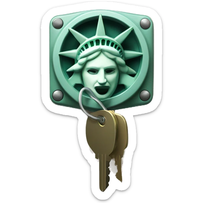 ignition switch with key in off position and statue of liberty diadem in background directly behind it sticker