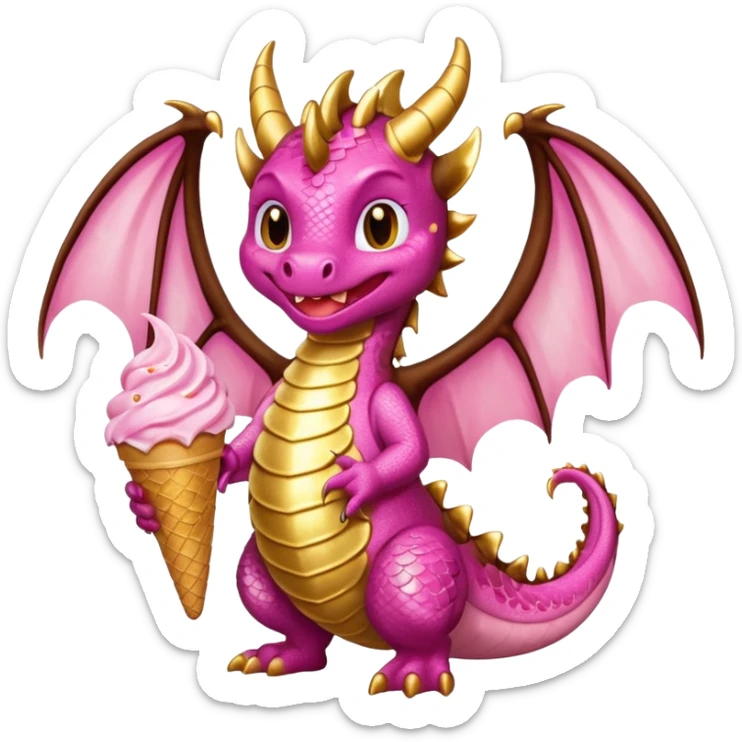 A dragon with its shiny glittered wings in pink tones and pink and gold legs, eats vanilla and chocolate ice cream sticker