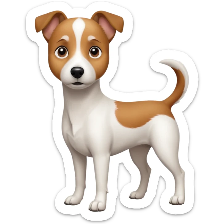 a full body white jack russel looking dog the size of a kelpie with light brown ears and a light brown patch on one eye and a large snout sticker