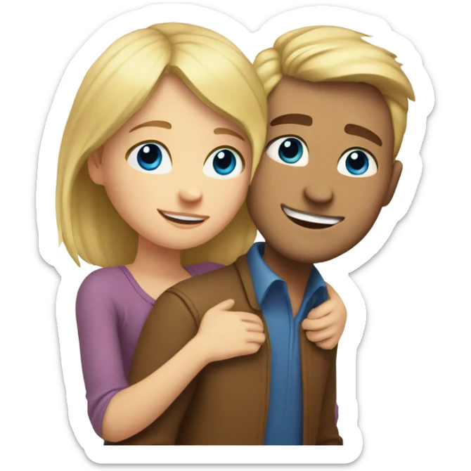 A guy with blue eyes and blond hair hugs a girl with brown eyes sticker