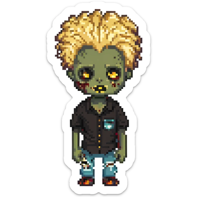 African American zombie boy with half blonde half black Afro hairstyle and black shirt sticker