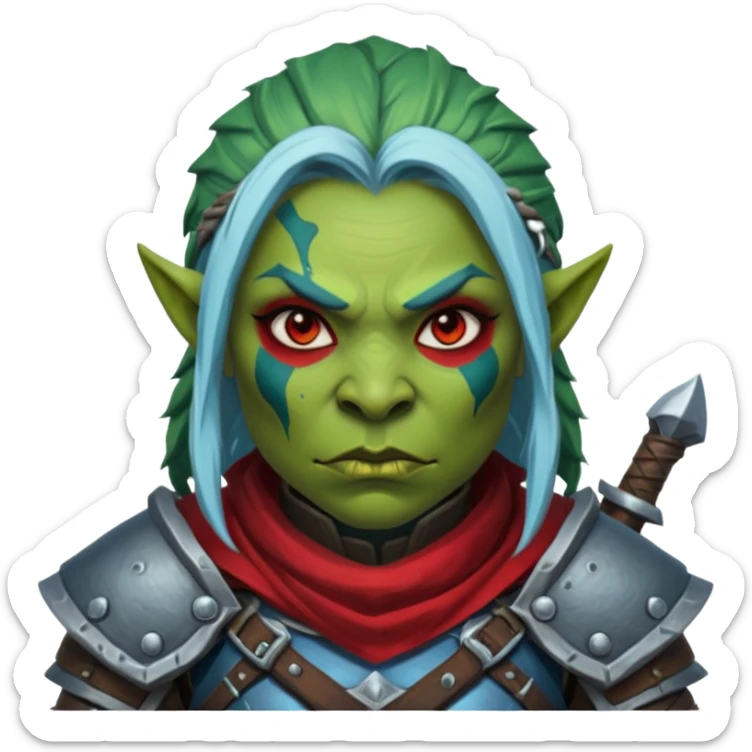 Fantasy Christmas orc legion soldier icon, iron tundra army theme, heavy winter armor, disciplined brutal look, dark icy steel armor with bold crimson cloth and markings, cold blue shadows, high contrast, clean emoji portrait style, female variant sticker