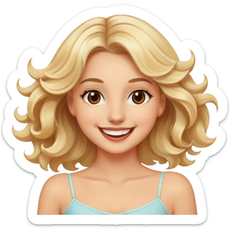 Pretty blonde model, brown eyes, soft wavy hair, super excited and happy dance sticker