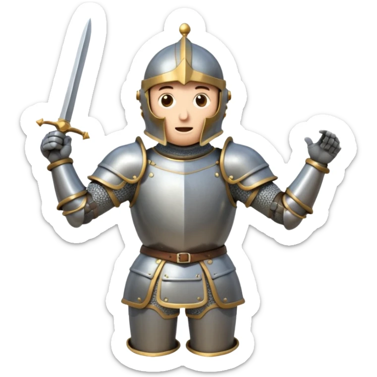 A cartoon knight in full armor with a closed helmet, expressing surprise. The knight's head is tilted slightly upward, arms raised in astonishment, and legs slightly apart. sticker