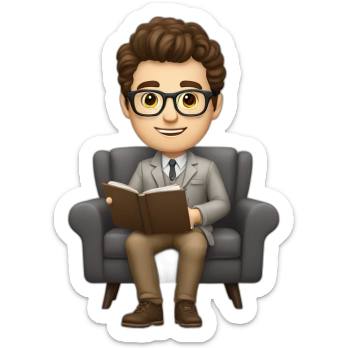 Pale skinned Fit Man With dark brown hair in gray jacket, beige office shirt, Brown pants and vintage glasses sitting In a soft chair with a notebook on spring with emblem Ψ and a pen sticker